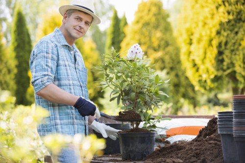 Trained gardener wearing PPE operating power tools